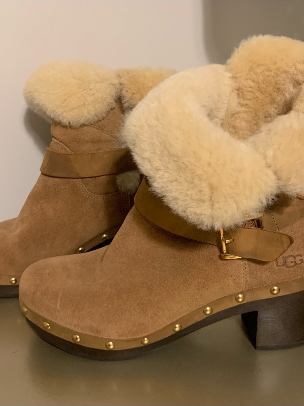 UGG Tan Suede Shearling Cuff Heeled Booties